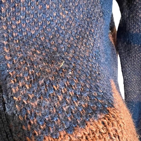 American Eagle Plaid Wool Blend Open Cardigan Sweater Pockets Brown Navy Blue - Picture 8 of 9